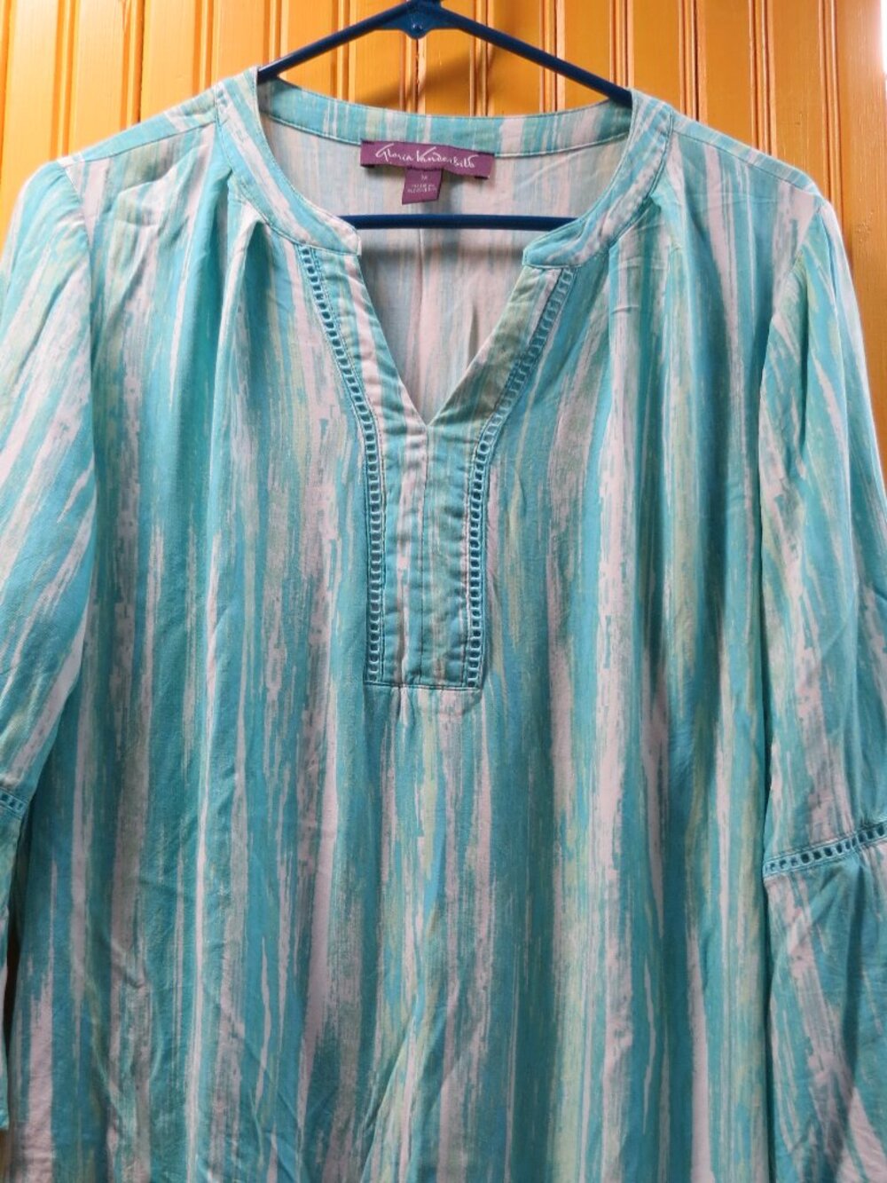 Vintage Blue Tunic Top 3/4 Bell Sleeve V-Neck Blouse Missy size M